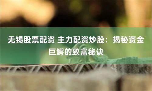 无锡股票配资 主力配资炒股：揭秘资金巨鳄的致富秘诀